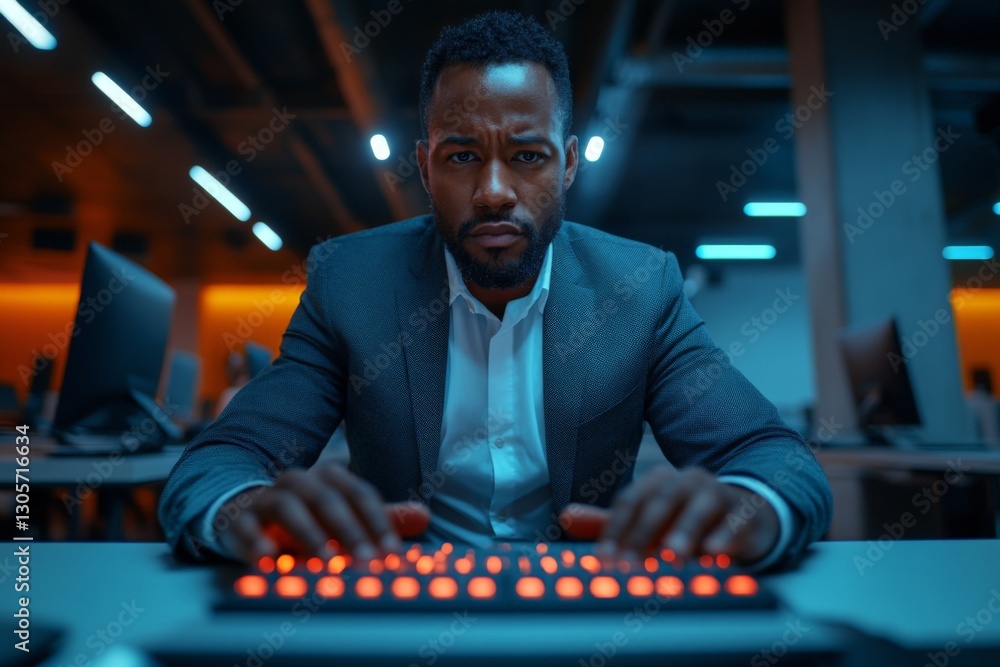 Poster professional man focused on work at a high-tech office late at night using a computer with illuminat
