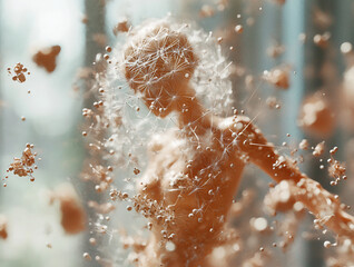 A person surrounded by dandelions