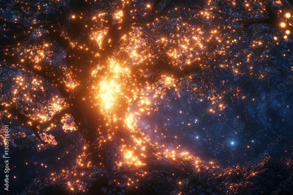 Poster mystical tree illuminated by glowing lights in a magical forest at night with shimmering particles s