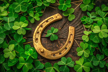 A golden horseshoe surrounded by green shamrocks, symbolizing luck and prosperity, perfect for Saint Patrick’s Day promotions