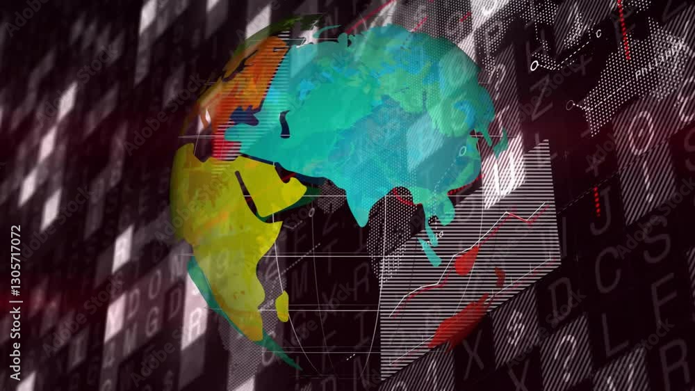 Poster colorful world map with data charts and binary code overlay animation