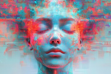 Expression of serene contemplation with vibrant digital abstraction representational of consciousness exploration