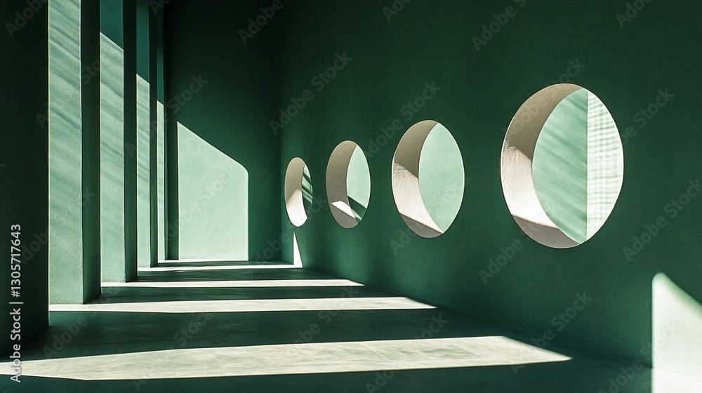 Poster sunlit green corridor with round openings in wall, creating shadows.