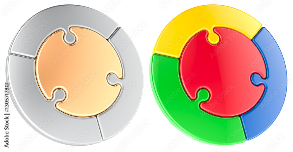 Poster colored circle puzzle and metallic. business logotype concept. 3d rendering isolated on transparent 