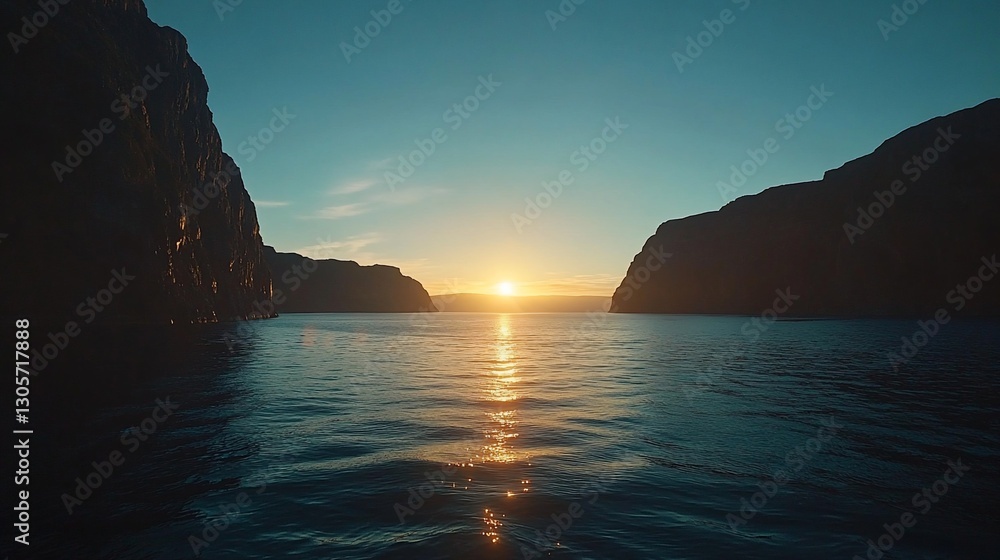 Poster sunset between two high cliffs over calm ocean water.