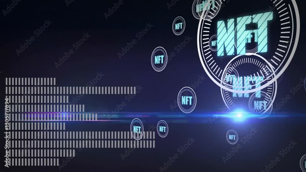 Poster nft digital tokens and data processing animation on dark futuristic background