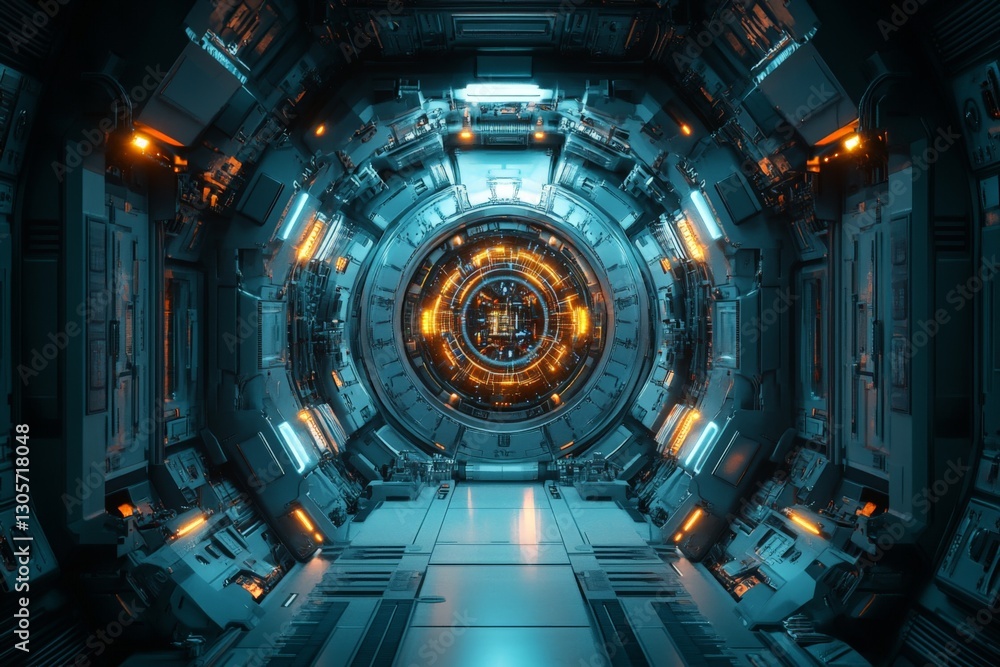 Aufkleber futuristic corridor with glowing lights and mechanical structures in a sci-fi themed environment