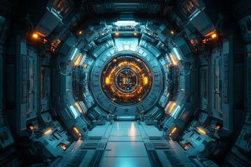 Obraz premium Futuristic corridor with glowing lights and mechanical structures in a sci-fi themed environment