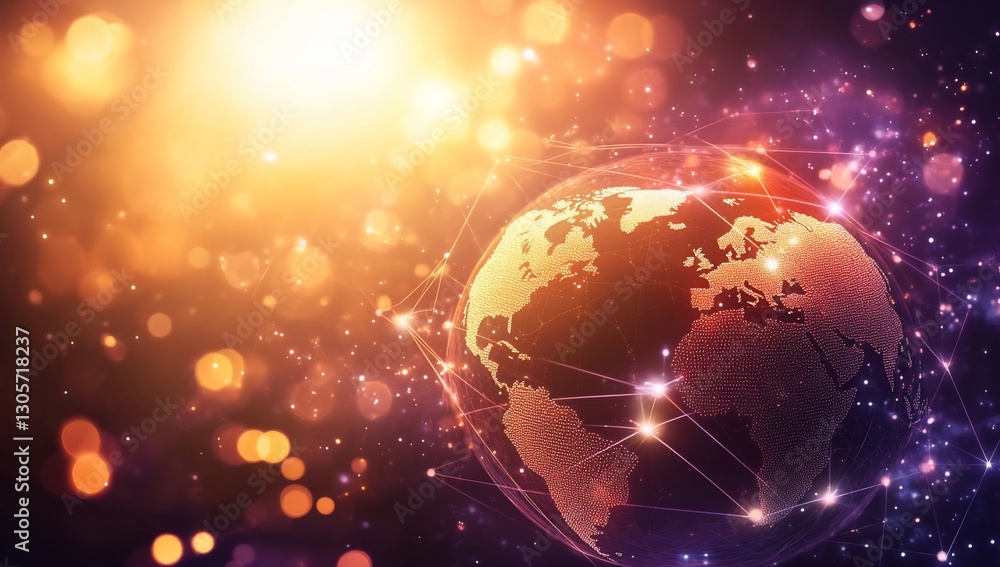 Poster golden earth globe with connection lines and bokeh lights, representing global network.