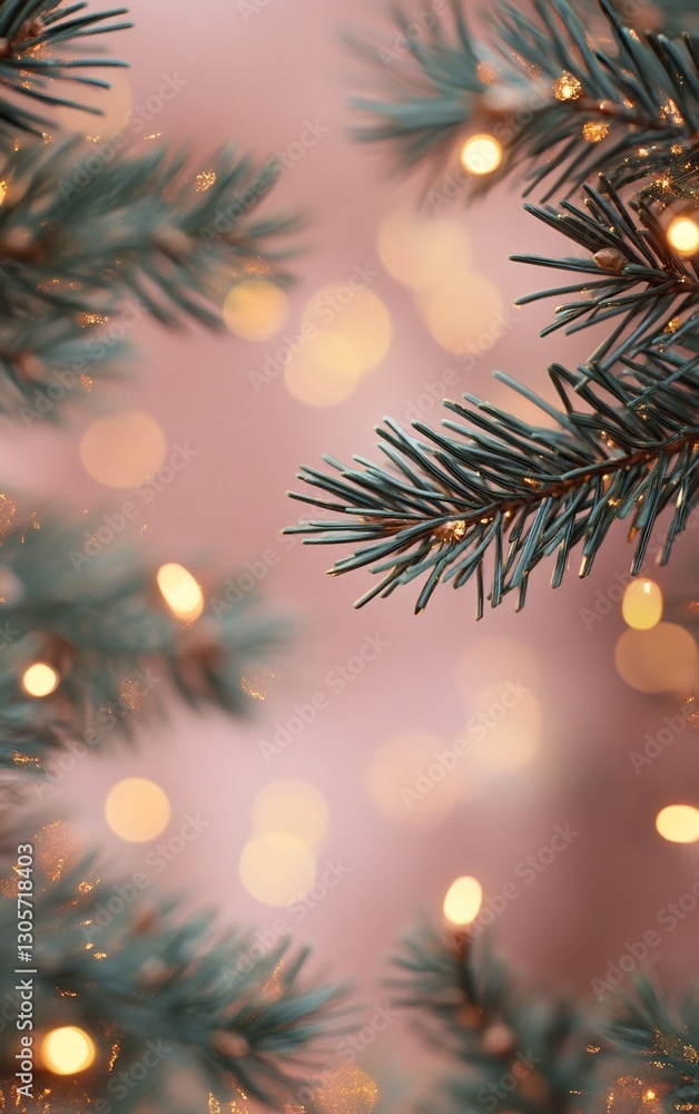 Poster close-up of a pine branch with warm bokeh lights in the background.