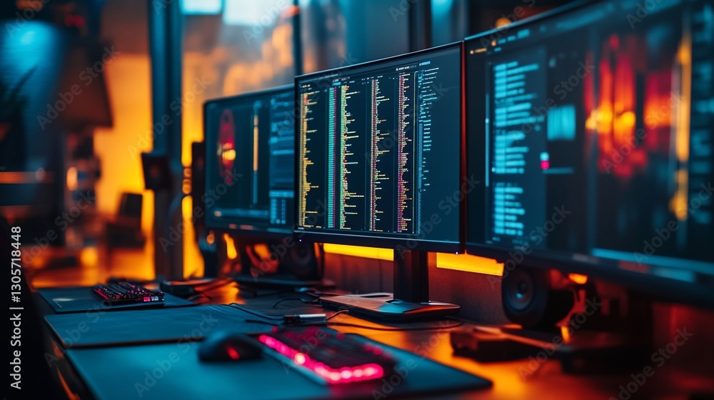 Poster three monitors displaying code, keyboard, and mouse on a desk in a dimly lit room.