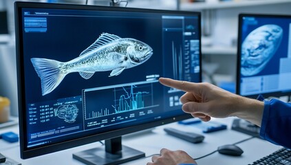 Scientist analyzing 3D fish model on computer screen.