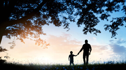 Silhouetted father holding child's hand, walking across sunlit field near lone tree during golden hour, sharing quiet connection