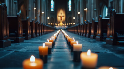 Candles illuminating peaceful cathedral aisle with cross in background