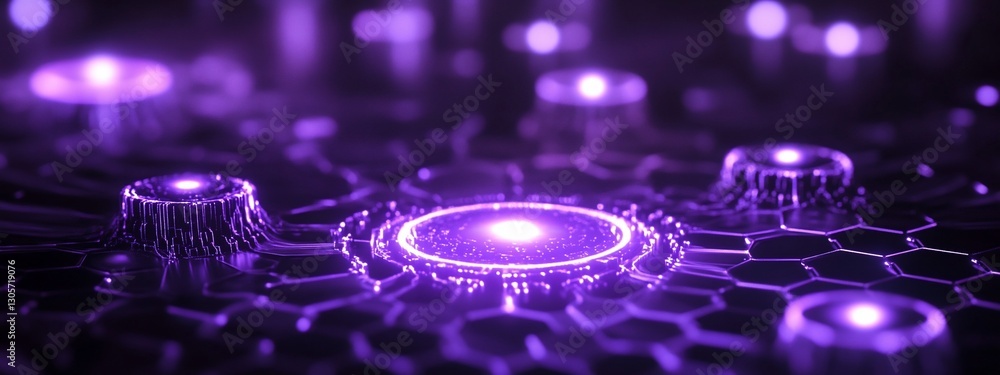 Poster abstract purple glowing hexagonal network with central light source.