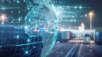 Digital globe with data streams in logistics hub at night, showcasing global trade and technology integration