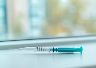 A single-use medical syringe rests on a windowsill against a blurred background.