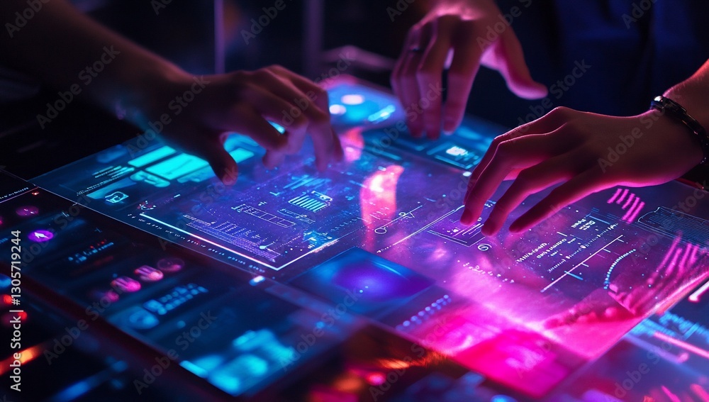 Poster two hands interacting with a futuristic, transparent touchscreen displaying vibrant data visualizati