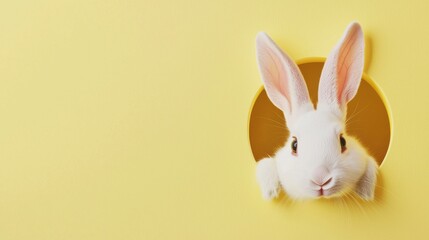 Fototapeta premium Cute white rabbit peeking through a circular hole with a soft pastel yellow background catches attention during a playful Easter celebration