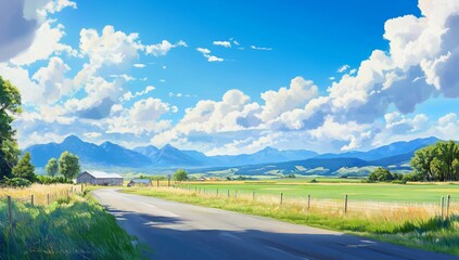 Fototapeta premium Sunny rural road leads to mountains under a blue sky with fluffy clouds.