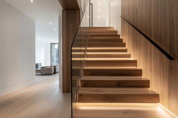 Fototapeta premium Contemporary minimalist staircase design with built-in wooden storage and sleek glass railing enhances modern living spaces