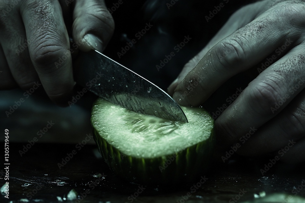 Poster close-up of hands slicing a cucumber with a knife on a dark wooden surface.