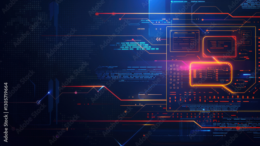 Poster futuristic digital interface with glowing lines and data visualization elements, representing techno
