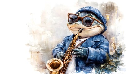 Confident and Stylish Crocodile Dressed in Fashionable Blazer and Sunglasses Passionately Playing Golden Saxophone Illuminated by Vibrant City Lights at Night