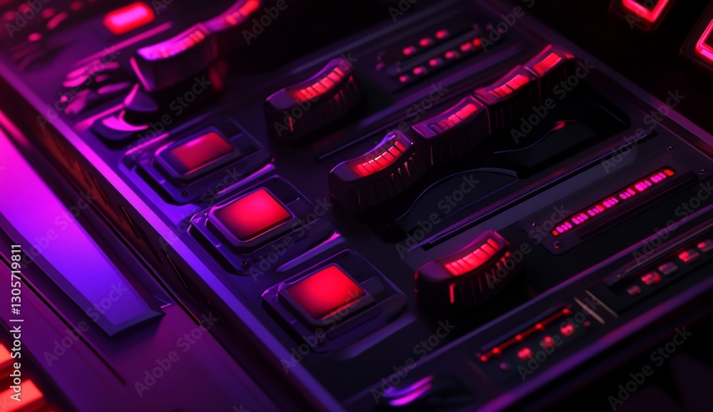 Aufkleber close-up of a futuristic control panel with glowing buttons and switches.