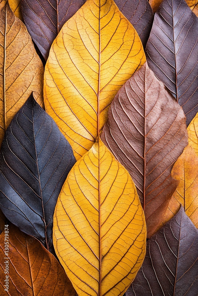 Poster close-up of assorted dried leaves in autumnal colors, arranged in an overlapping pattern.