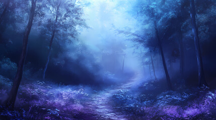 Obraz premium Misty forest path, blue and purple hues, ethereal atmosphere. Ethereal - Clouds. Illustration