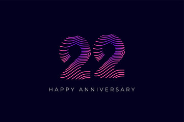 Numeric Design with Line Curve 22th, 22th Happy Anniversary with Gradient Colorful Line wave. Tech, futuristic and science concept