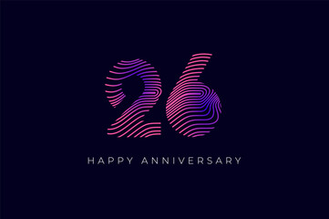 Numeric Design with Line Curve 26th, 26th Happy Anniversary with Gradient Colorful Line wave. Tech, futuristic and science concept