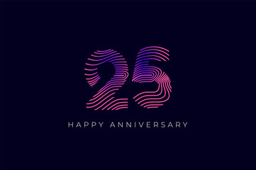 Numeric Design with Line Curve 25th, 25th Happy Anniversary with Gradient Colorful Line wave. Tech, futuristic and science concept