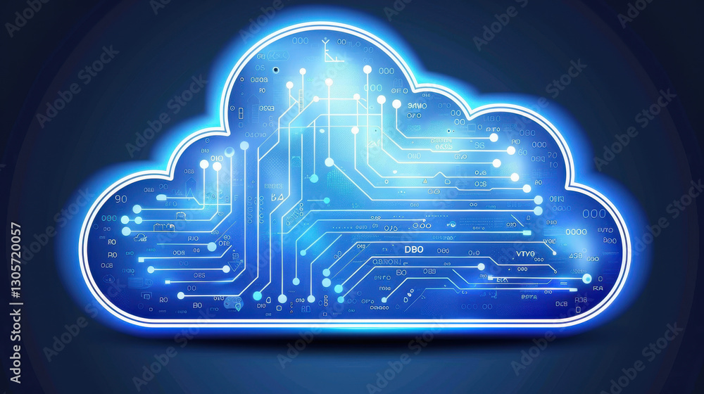 Poster glowing cloud symbol with circuit patterns representing digital technology and data storage. blue to