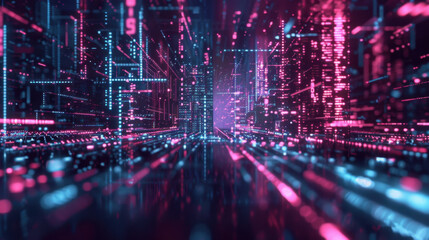 Fototapeta premium vibrant digital landscape with glowing lines and data streams in pink and blue hues, creating futuristic atmosphere