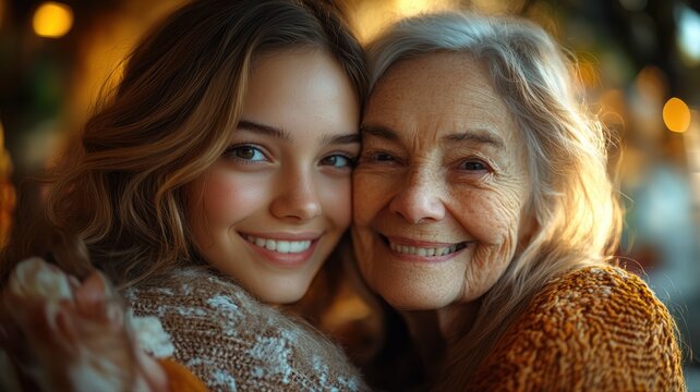 A young social worker shares a warm embrace with an elderly woman, providing comfort and support. The setting radiates warmth and care, enhancing their connection