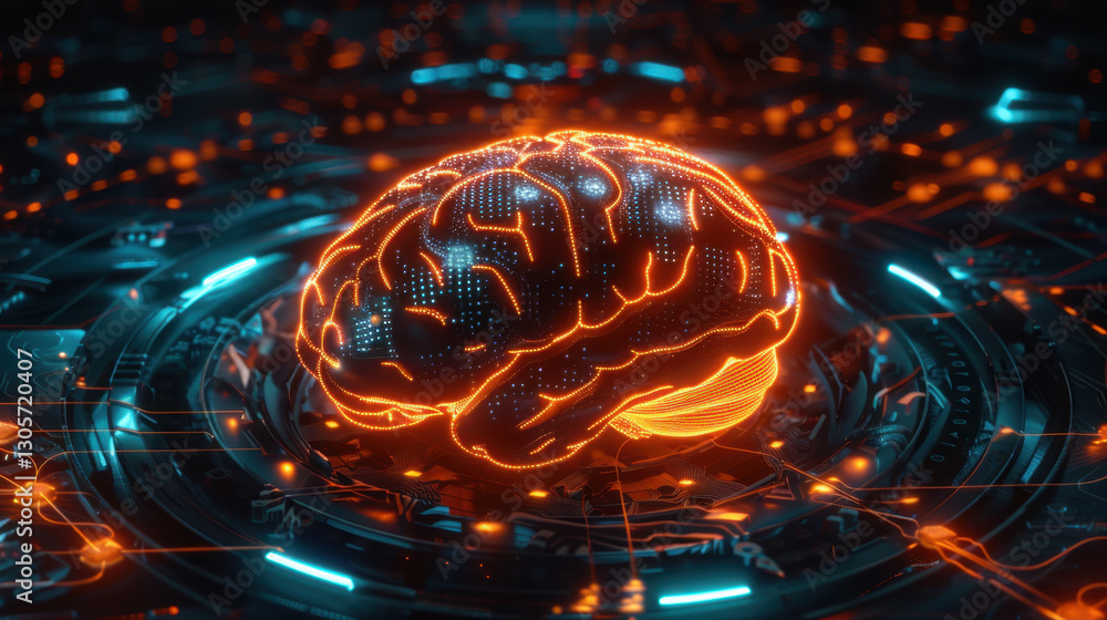 Poster glowing digital brain surrounded by futuristic circuit design, symbolizing technology and artificial