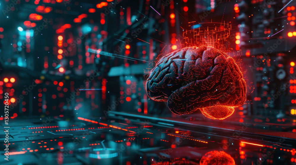 Poster digital brain glowing in red and blue lights, surrounded by futuristic environment filled with data 