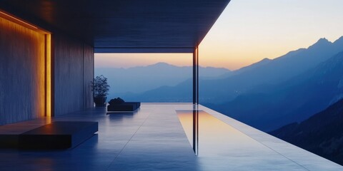 Elevated architectural house with stunning views of mountain range at sunset. Infinite reflection pool, modern outdoor seating and cantilevered design.