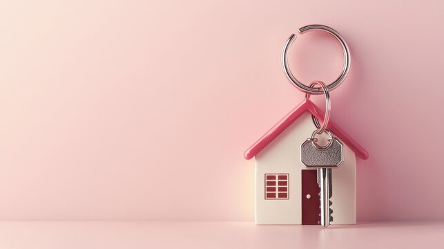 Symbolic representation of homeownership featuring a silver house key and miniature house keychain on a soft pastel background
