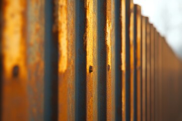 A close-up view of a rusted metal fence highlighting its weathered texture.