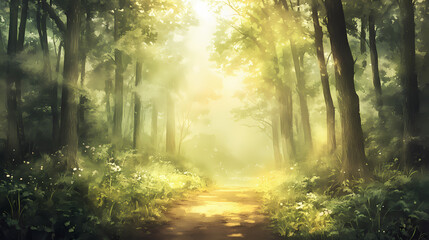 Fototapeta premium Sunlit forest path: watercolor painting of serene woodland scene. Ethereal - Clouds. Illustration