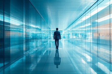 Fototapeta premium Business professional walks through a modern glass corridor in a corporate environment during the day