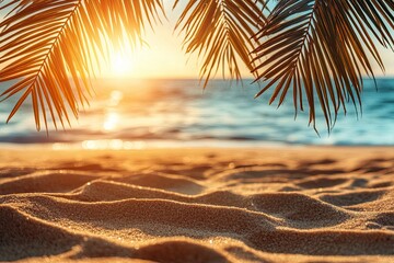 A serene tropical beach with fine wet sand and a blurred sea backdrop, ideal for incorporating a product advertisement as part of a summer relaxation montage