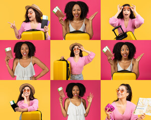 A cheerful traveler expresses excitement with vacation items, including a suitcase, passports, and...
