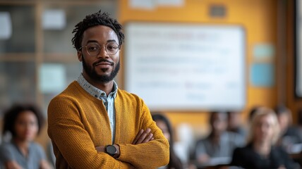 A social worker stands confidently at a whiteboard while leading a discussion at a community workshop. He engages with participants, emphasizing support resources and strategies