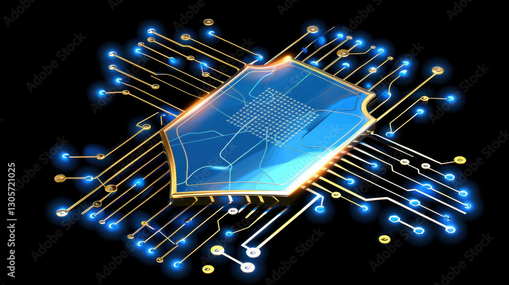 Poster digital shield symbolizing cybersecurity with glowing circuits, representing protection and technolo