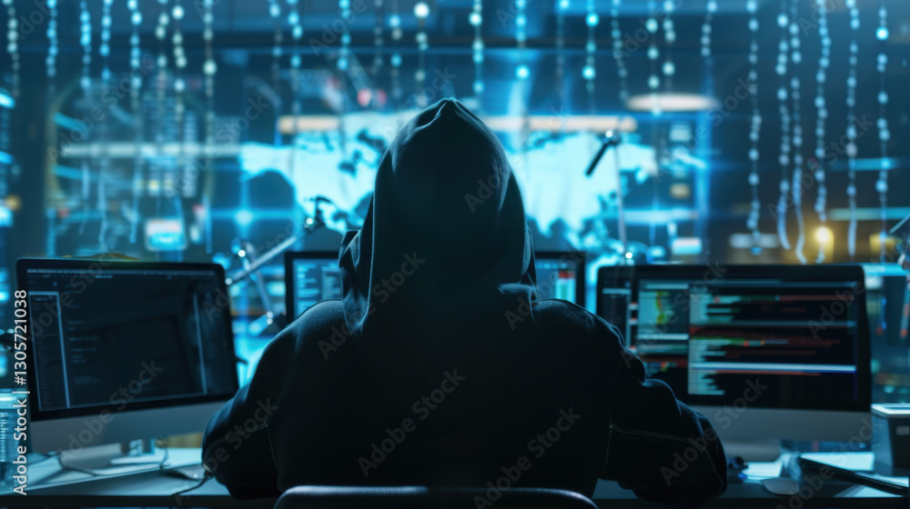 Poster hooded figure sits in front of multiple computer screens, immersed in coding and data analysis, surr
