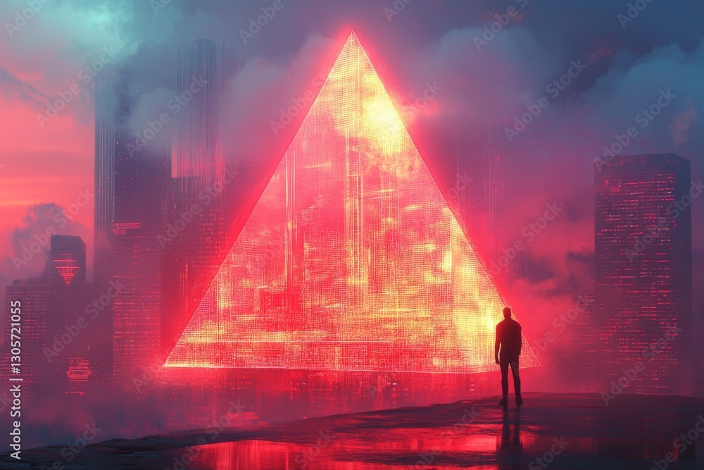 Poster man stands before a glowing red triangular structure in a futuristic city at twilight